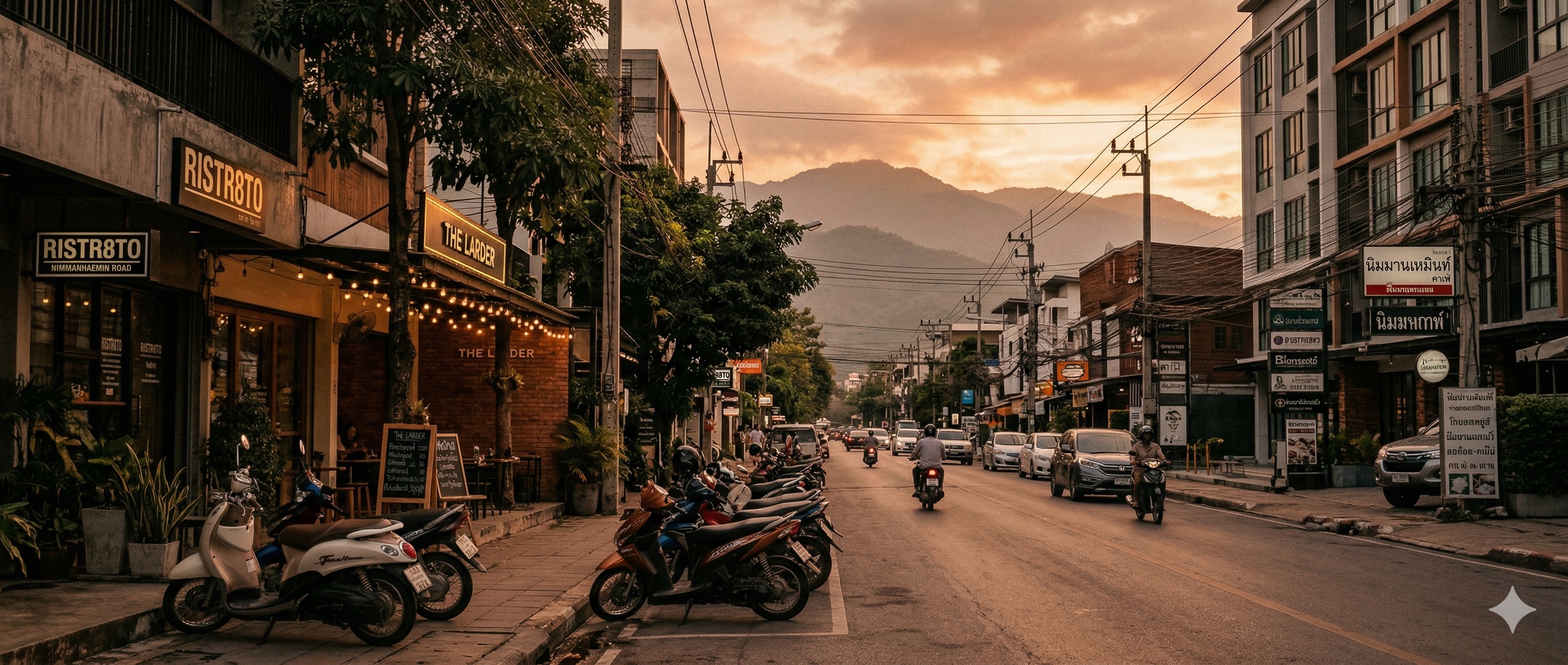 Nimmanhaemin Road at golden hour — cafes, scooters, and Doi Suthep in the background